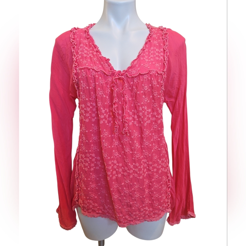 Johnny Was Pink Floral Embroidered Blouse